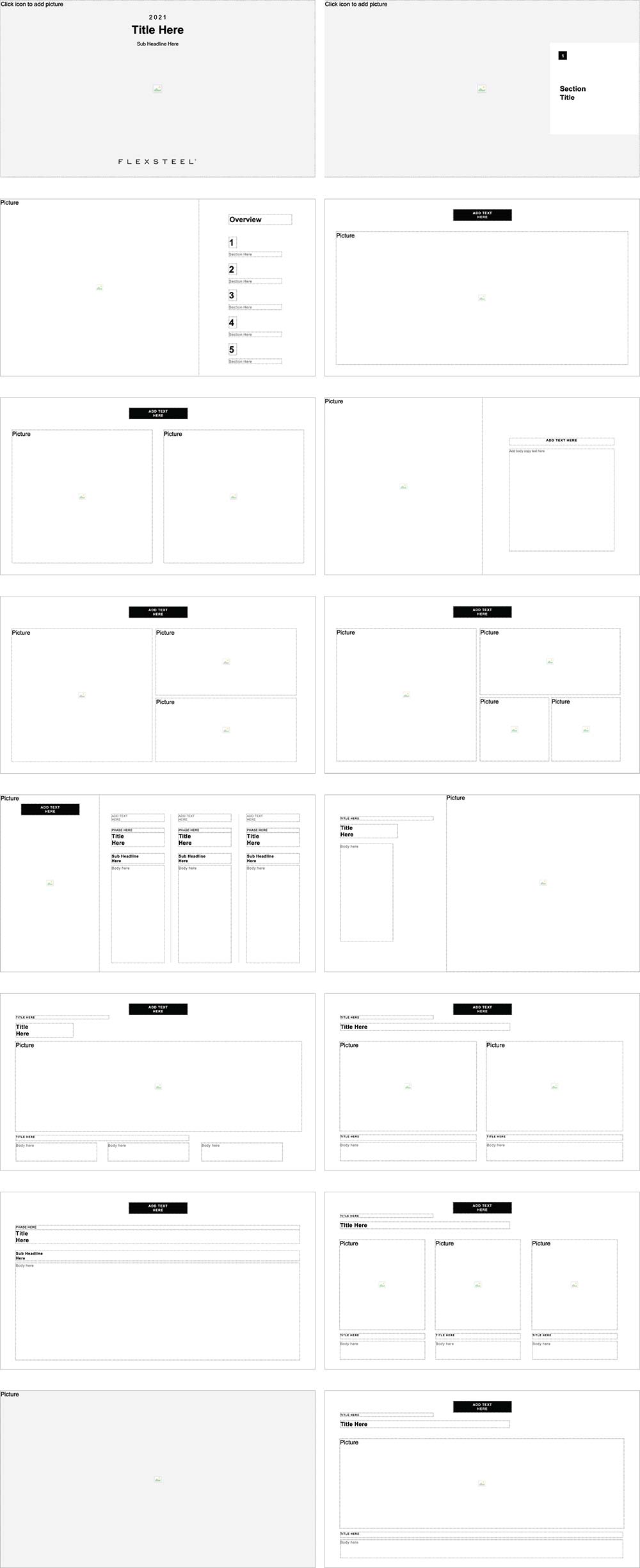 Powerpoint template wireframe mockup showing possible layouts.