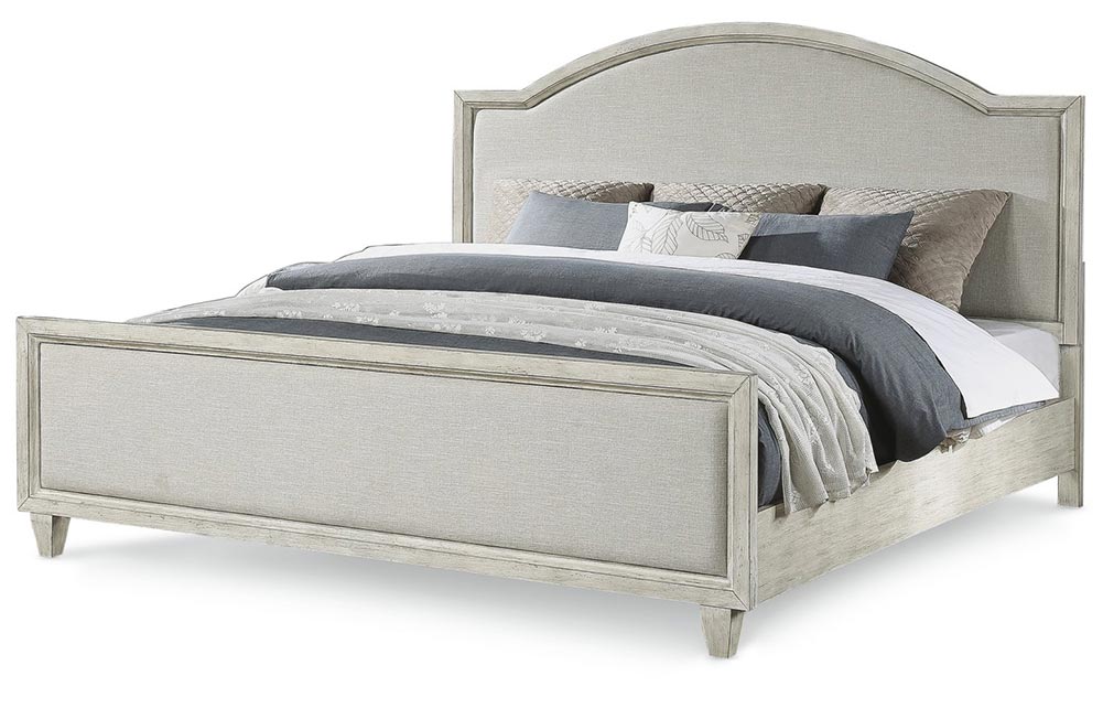 Bedframe with white distressed finish and fabric accents.